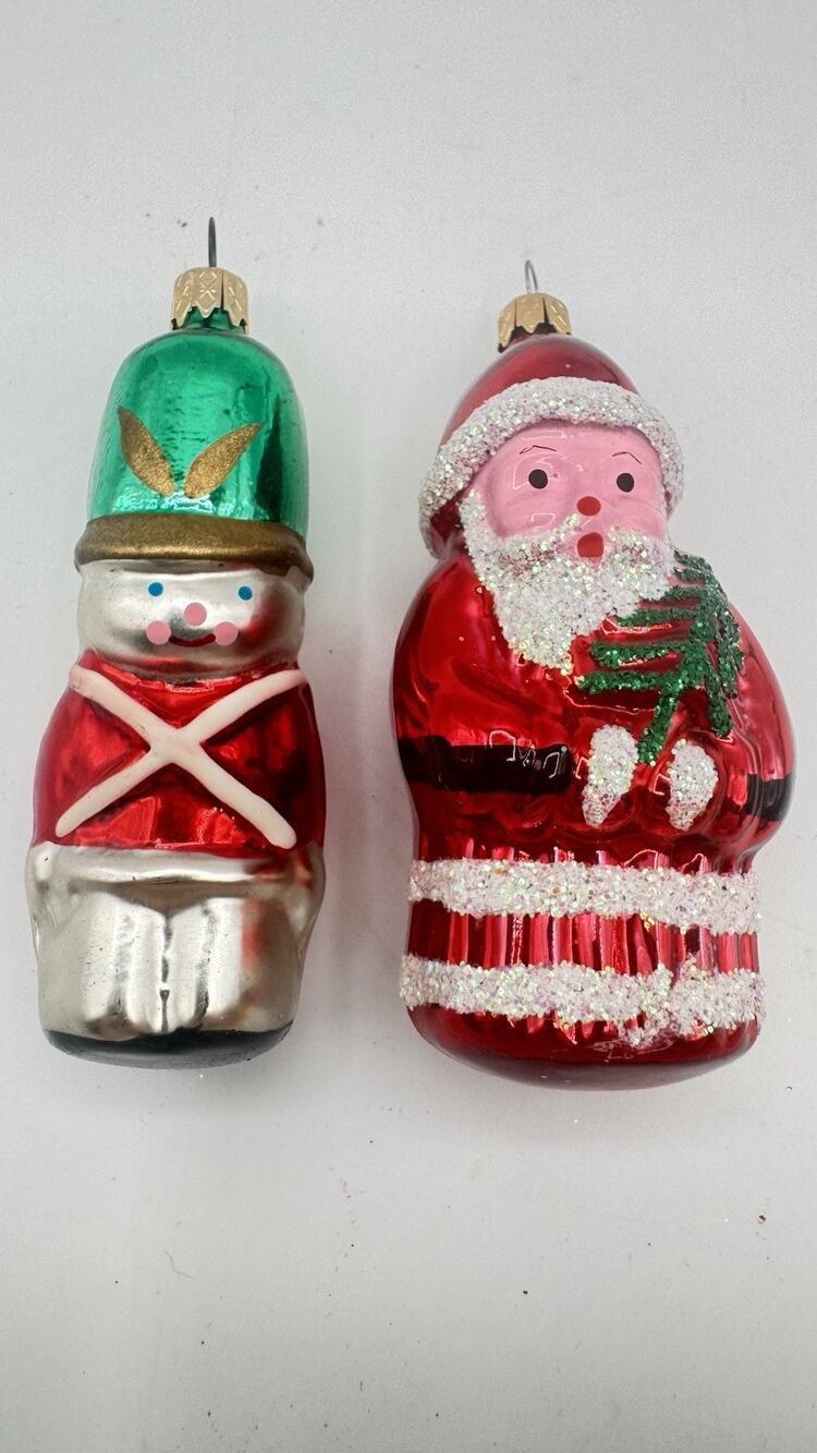 VTG Columbia Tin Solider And Santa 4” Christmas Ornaments Set Of 2